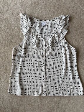 CAbi White Sleeveless Polka Dot Ruffle Button-Front Top